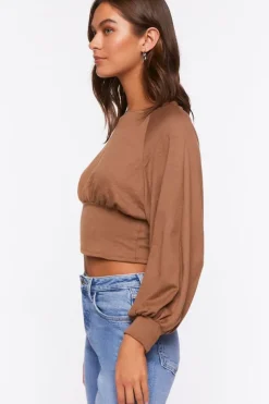 Raglan-Sleeve Shirred Crop Top