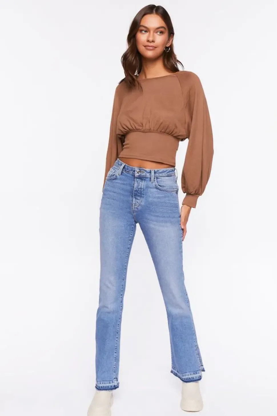 Raglan-Sleeve Shirred Crop Top