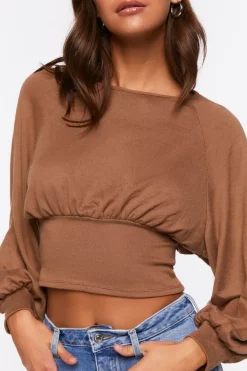 Raglan-Sleeve Shirred Crop Top