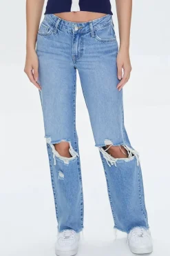 Recycled Cotton Distressed Straight-Leg Jeans