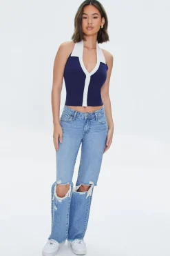 Recycled Cotton Distressed Straight-Leg Jeans