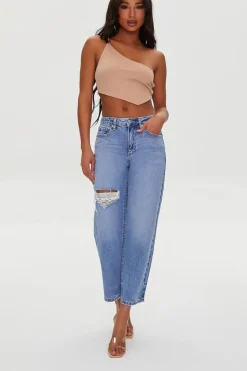 Recycled Cotton Distressed Straight-Leg Jeans