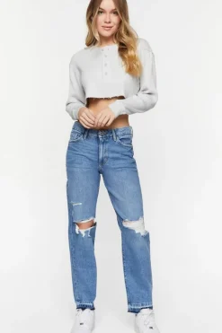 Recycled Cotton Distressed Straight-Leg Jeans