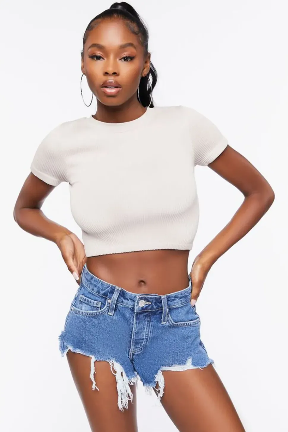 Recycled Cotton Frayed Raw-Cut Denim Shorts