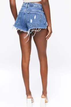 Recycled Cotton Frayed Raw-Cut Denim Shorts