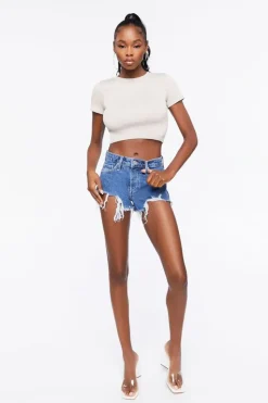 Recycled Cotton Frayed Raw-Cut Denim Shorts