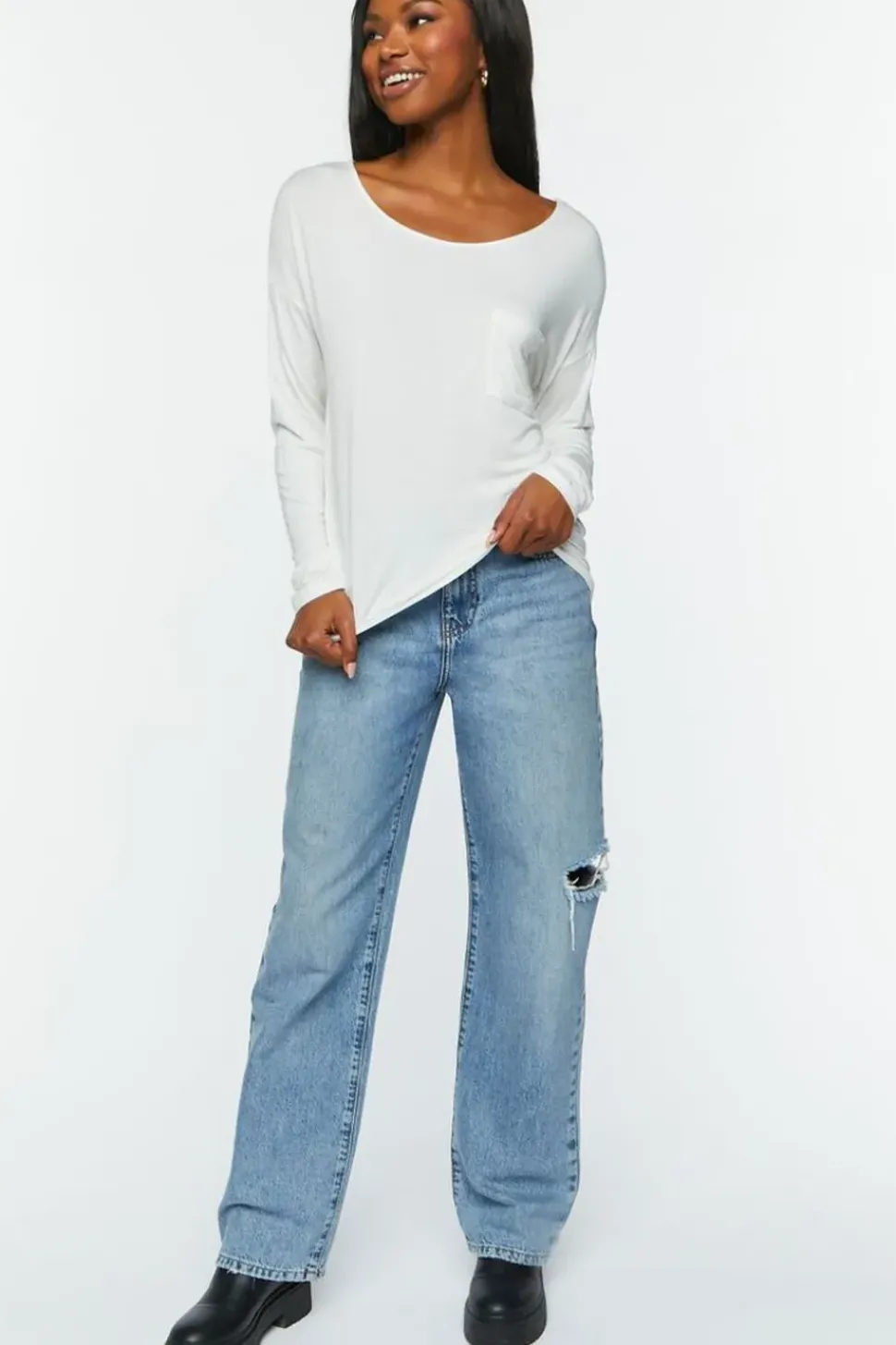 Relaxed Scoop-Neck Long-Sleeve Top
