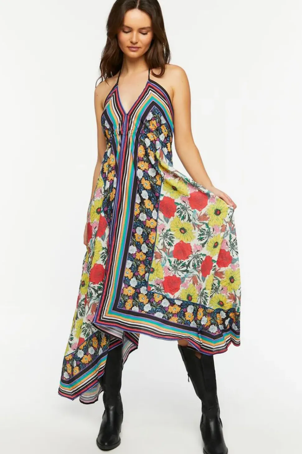 Reworked Floral Striped Halter Midi Dress