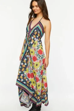 Reworked Floral Striped Halter Midi Dress