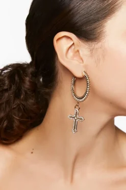Rhinestone Cross Drop-Hoop Earrings