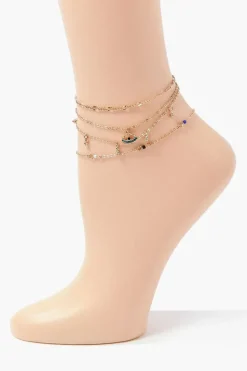 Rhinestone Evil Eye Charm Anklet Set