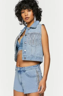 Rhinestone-Fringe Denim Shorts