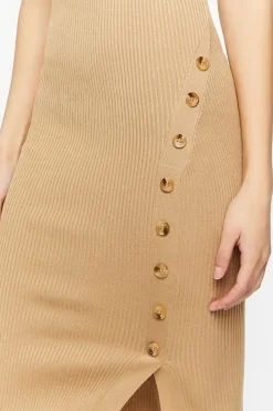 Ribbed Asymmetrical-Button Midi Dress