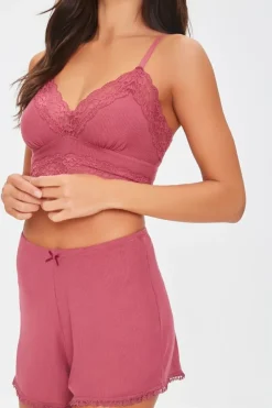 Ribbed Bow Lace Pajama Shorts