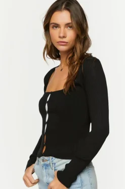 Ribbed Button-Loop Cardigan Sweater