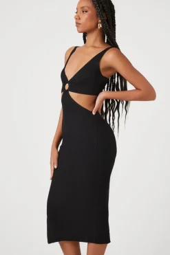 Ribbed Cutout O-Ring Midi Dress