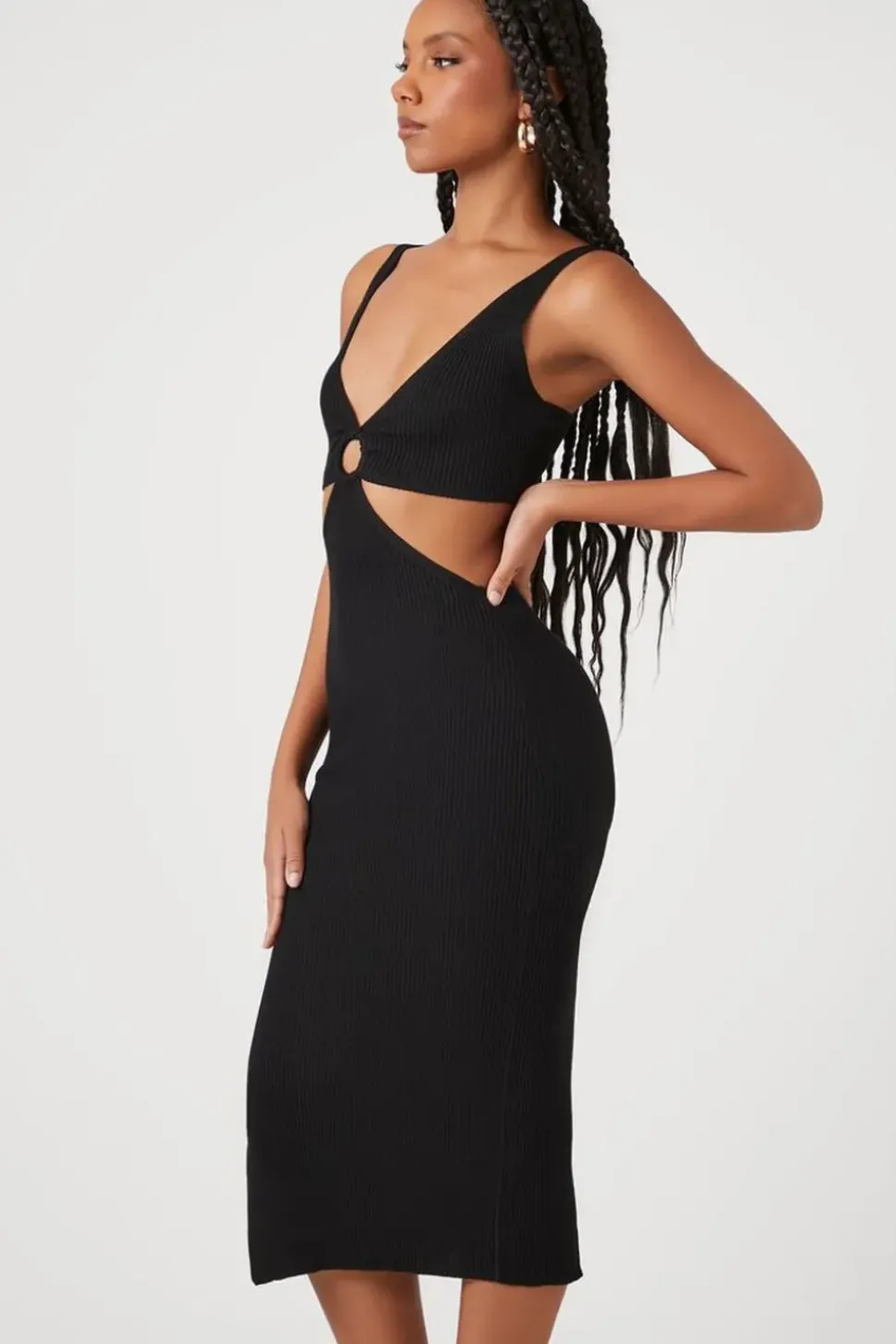Ribbed Cutout O-Ring Midi Dress