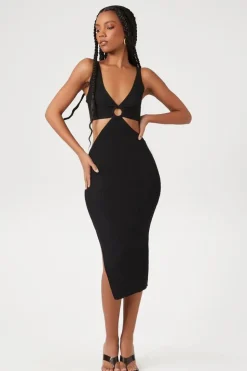 Ribbed Cutout O-Ring Midi Dress