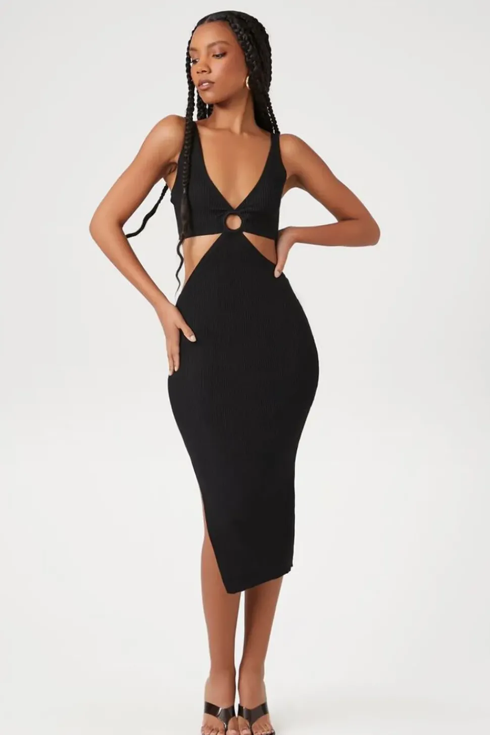 Ribbed Cutout O-Ring Midi Dress