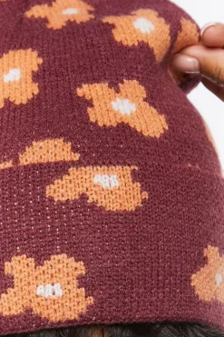 Ribbed Knit Floral Beanie