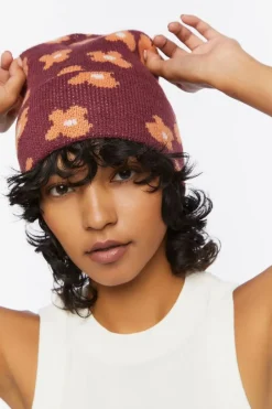 Ribbed Knit Floral Beanie