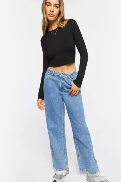 Ribbed Knit Long-Sleeve Crop Top