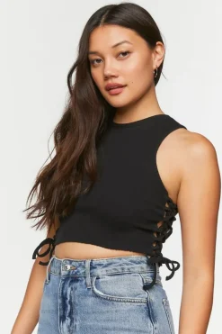 Ribbed Lace-Up Cropped Tank Top