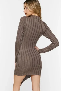 Ribbed Mock Neck V-Hem Mini Dress