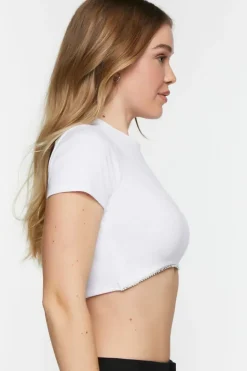 Ribbed Rhinestone-Trim Crop Top