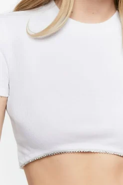 Ribbed Rhinestone-Trim Crop Top