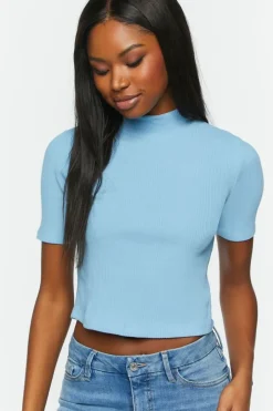 Ribbed Short-Sleeve Mock Neck Top