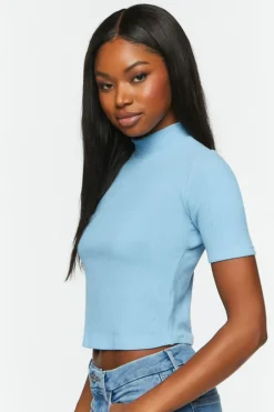 Ribbed Short-Sleeve Mock Neck Top