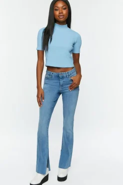 Ribbed Short-Sleeve Mock Neck Top