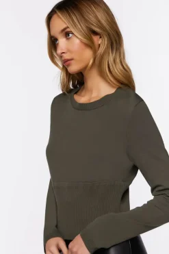 Ribbed-Waist Crew Sweater