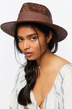 Ribbon-Trim Straw Fedora
