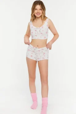 Rose Print Ruched Lounge Shorts
