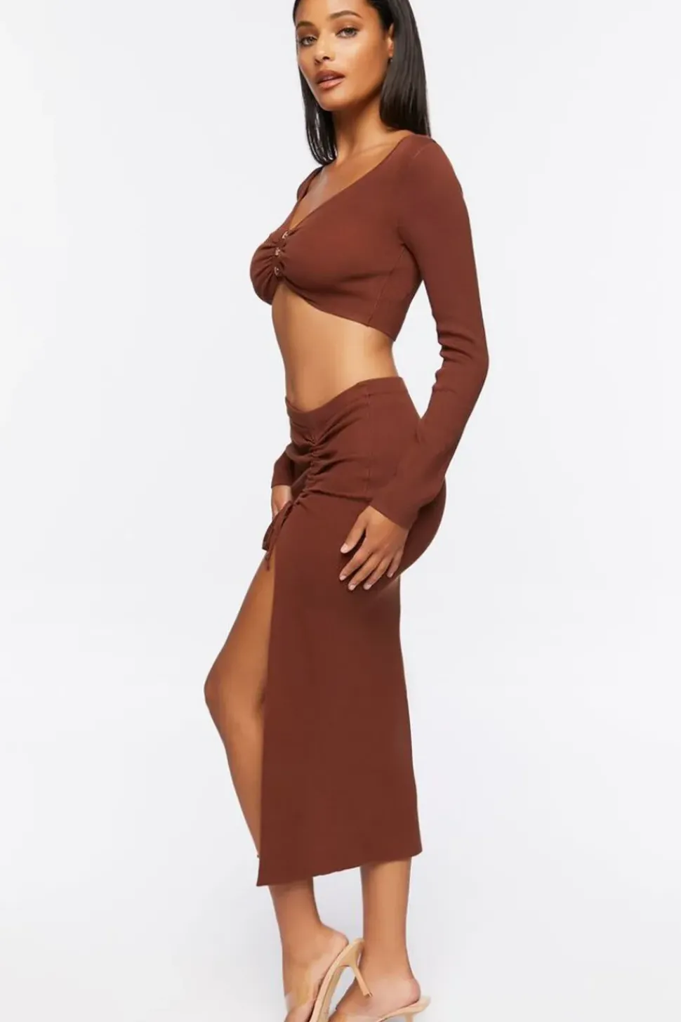 Ruched Crop Top & Leg-Slit Midi Skirt Set