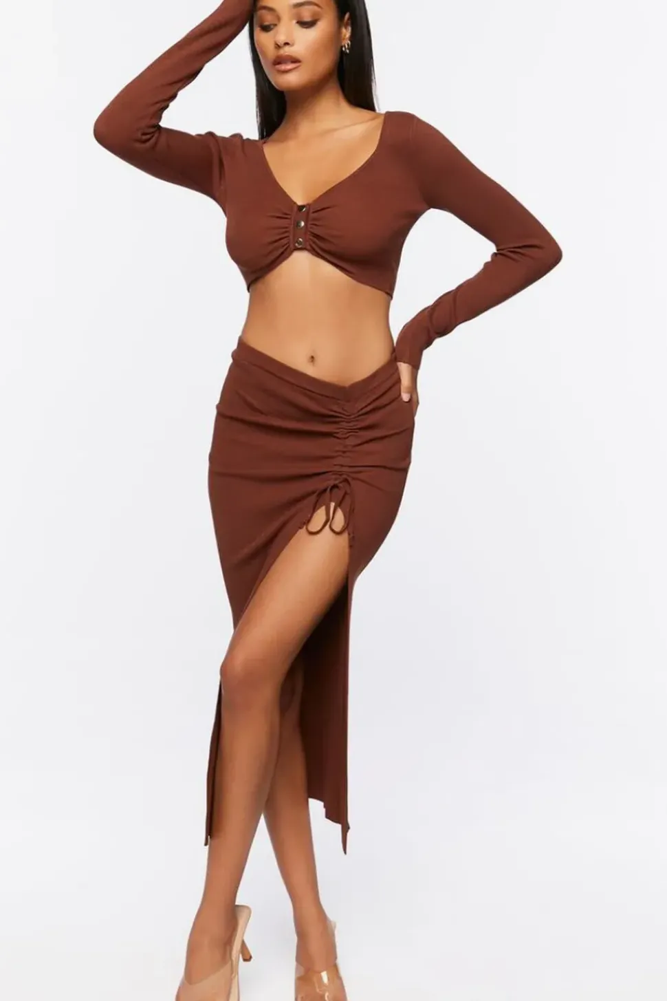 Ruched Crop Top & Leg-Slit Midi Skirt Set