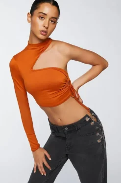 Ruched Cutout One-Sleeve Crop Top