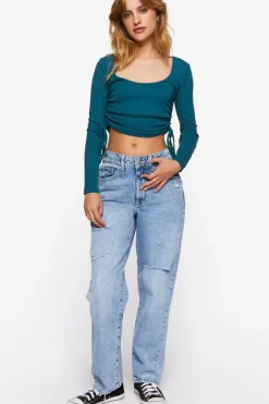 Ruched Drawstring Long-Sleeve Crop Top