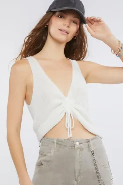 Ruched Drawstring Sweater-Knit Top