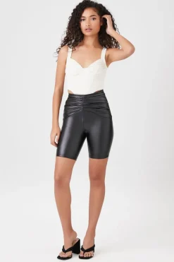 Ruched Faux Leather Biker Shorts