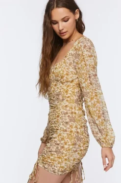 Ruched Floral Print Mini Dress