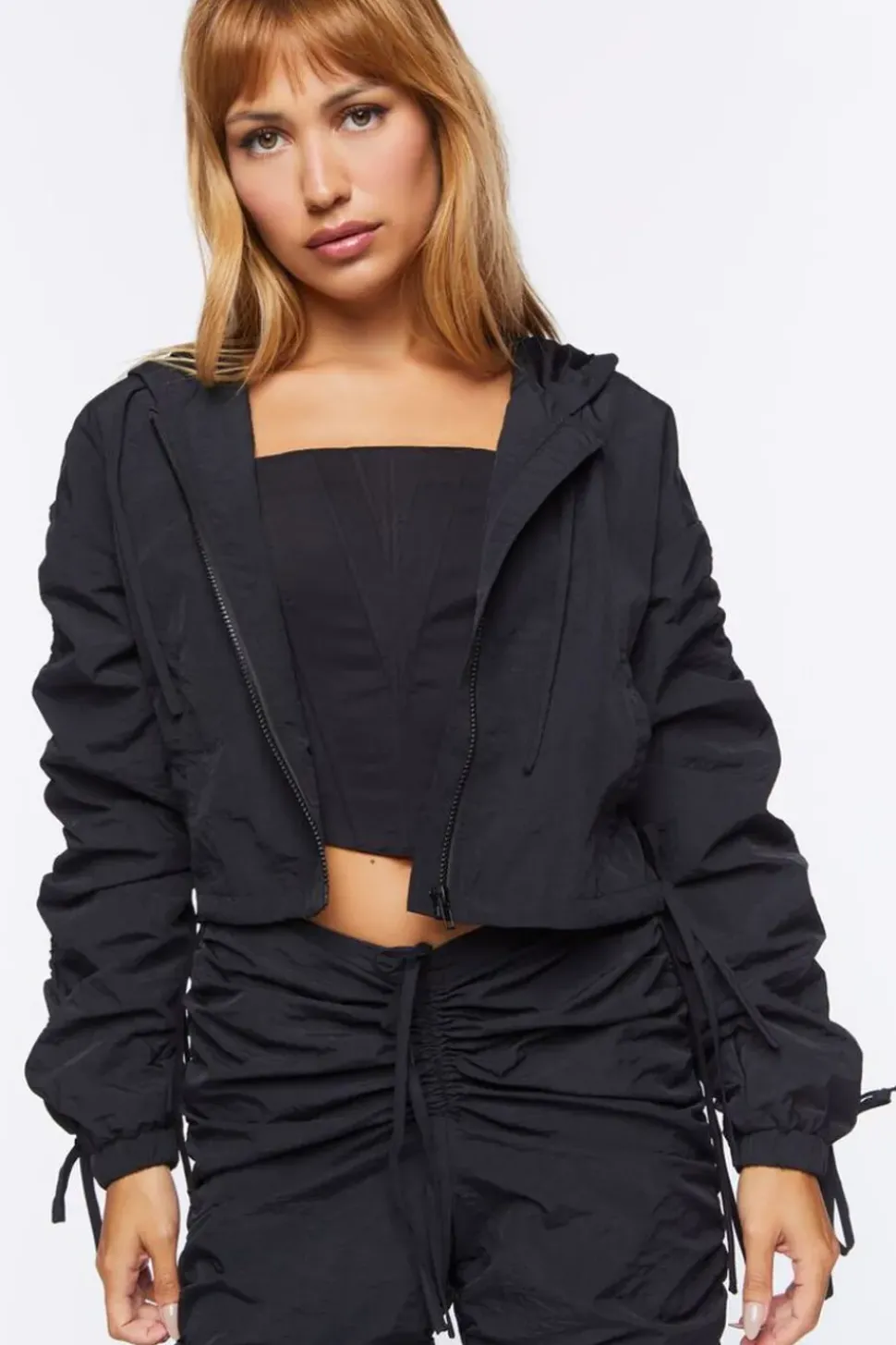 Ruched Hooded Windbreaker Jacket