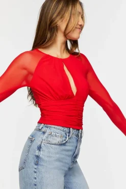 Ruched Mesh Cutout Crop Top