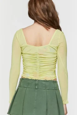 Ruched Mesh Floral Crop Top