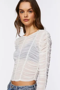 Ruched Mesh Long-Sleeve Top