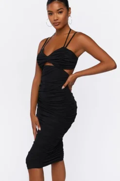Ruched Mesh Midi Dress