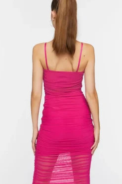 Ruched Mesh Midi Dress
