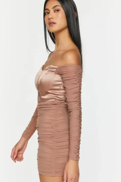 Ruched Mesh Off-The-Shoulder Mini Dress